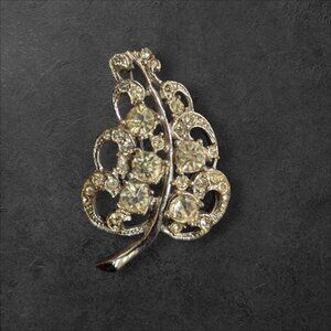 Vintage Rhinestone Leaf Brooch Pin Clear Stones Silver Tone Elegant Sparkle Acce